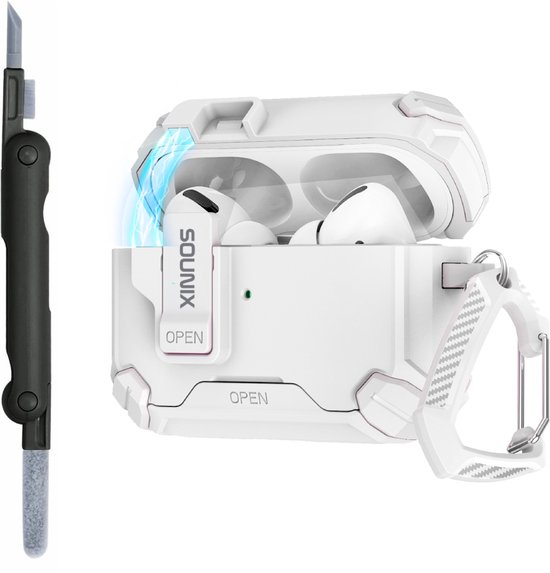 Sounix Hoesje geschikt voor Airpods Pro 1 / 2 - Met schoonmaak borstel - Airpods Pro Hoesje - Armor Case met Lock - Wit