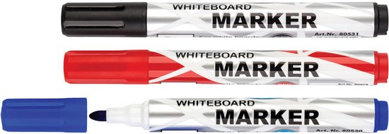Trois marqueurs tableau blanc : noir, rouge et bleu avec capuchon détaché. Texte : WHITEBOARD MARKER.