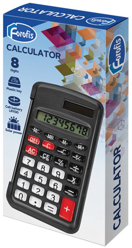 Zwarte Forofis rekenmachine met 10 cijfers op de doos, display "12345678", zonne-energie.