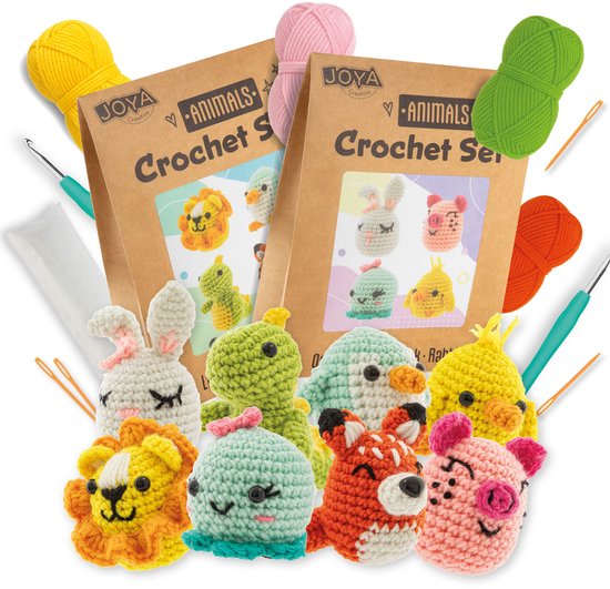 Joya Creative Haakpakket Dieren 8pcs – DIY Haakset voor Volwassenen – Inclusief ergonomische breinaalden – Octopus, Varken, Kuikentje, Konijn, Leeuw, Pinguïn, Dino en Vosje Amigurumi - Starters Set Voor Volwassenen