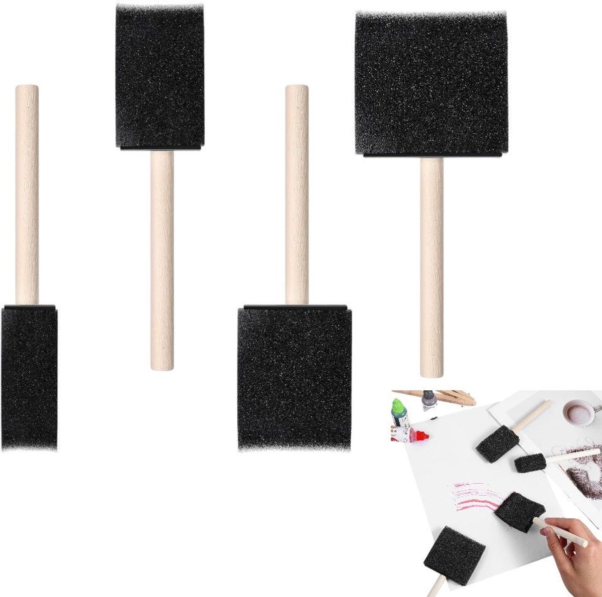 Set van 4 sponsapplicators, verfkwasten voor het beitsen van verf, doe-het-zelf beitsen van acrylverf op grote oppervlakken, 2,5 cm, 5 cm, 7,5 cm, 10 cm (zwart)