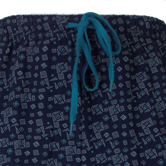Donkerblauwe short met geometrische print en blauw trekkoord.