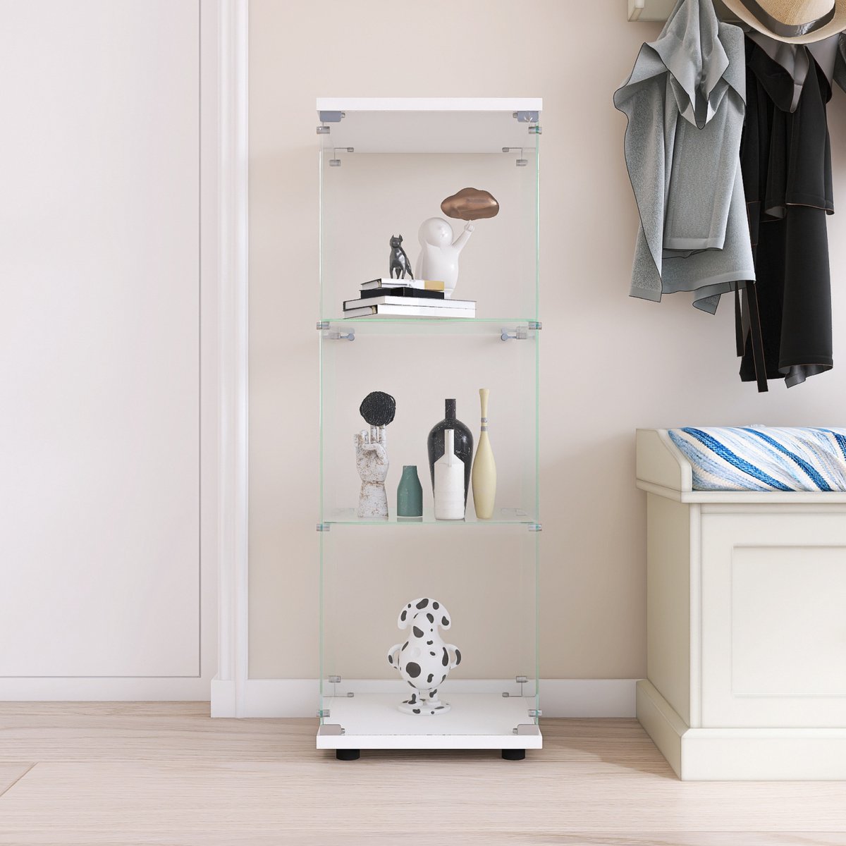Moderne Vitrinekast 3 Planken – Witte Glazen Displaykast voor Woonkamer of Kantoor