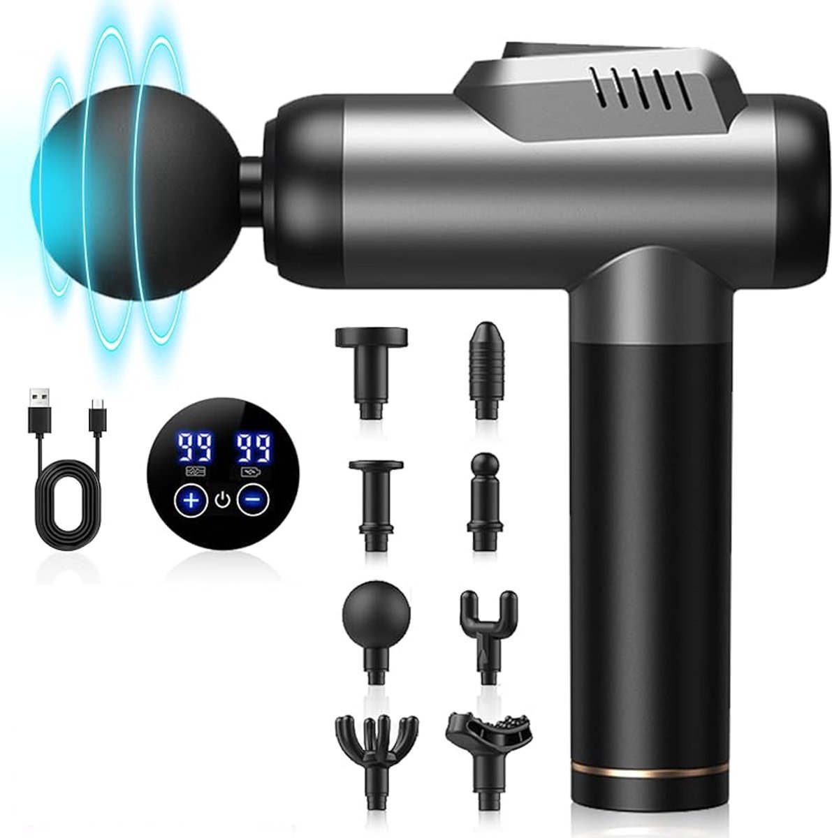 Massagepistool voor diepe weefsels, stil professioneel spiermassagepistool met 99 snelheden, uitgerust met 8 massagekoppen en C-type oplaadstation, geschikt voor thuis, op kantoor, bij sport, volledige lichaamsmassage en ontspanning. - Massagepistool - €53,49