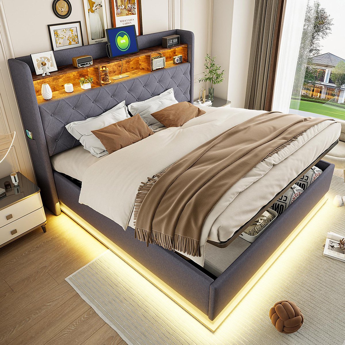 BLACKCOLORS LED-bekleed bed 180 x 200 cm bekleed bed met opbergruimte, USB-oplaadpoort en hydraulische opbergruimte, huidvriendelijke linnen stof, grijs