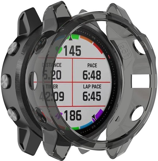 Transparante, zwarte TPU hoes voor Garmin Fenix 6, toont scherm met sportstatistieken.
