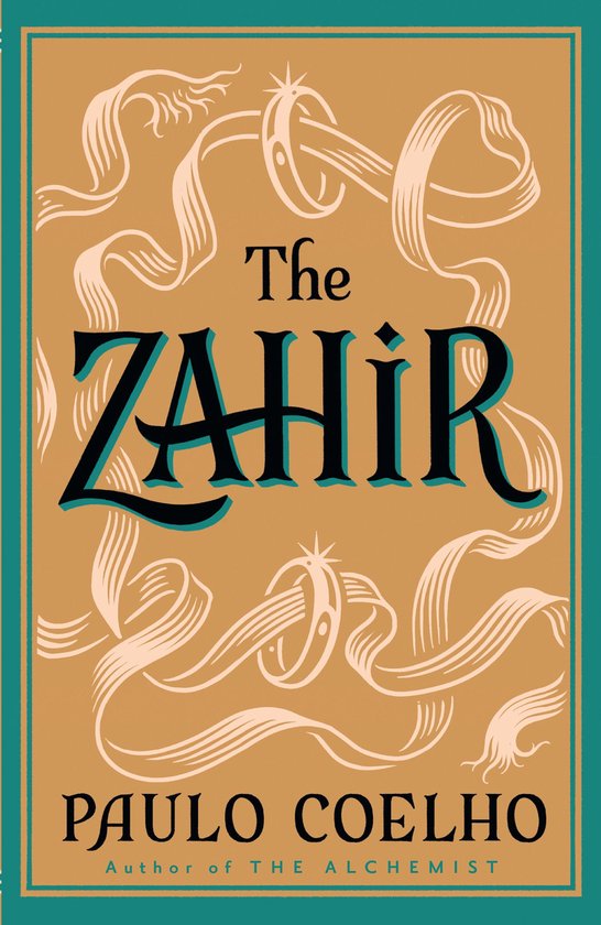 Boekomslag van 'The Zahir' van Paulo Coelho, met de titel in sierlijke letters op een oranje achtergrond met gestileerde linten en ringen.