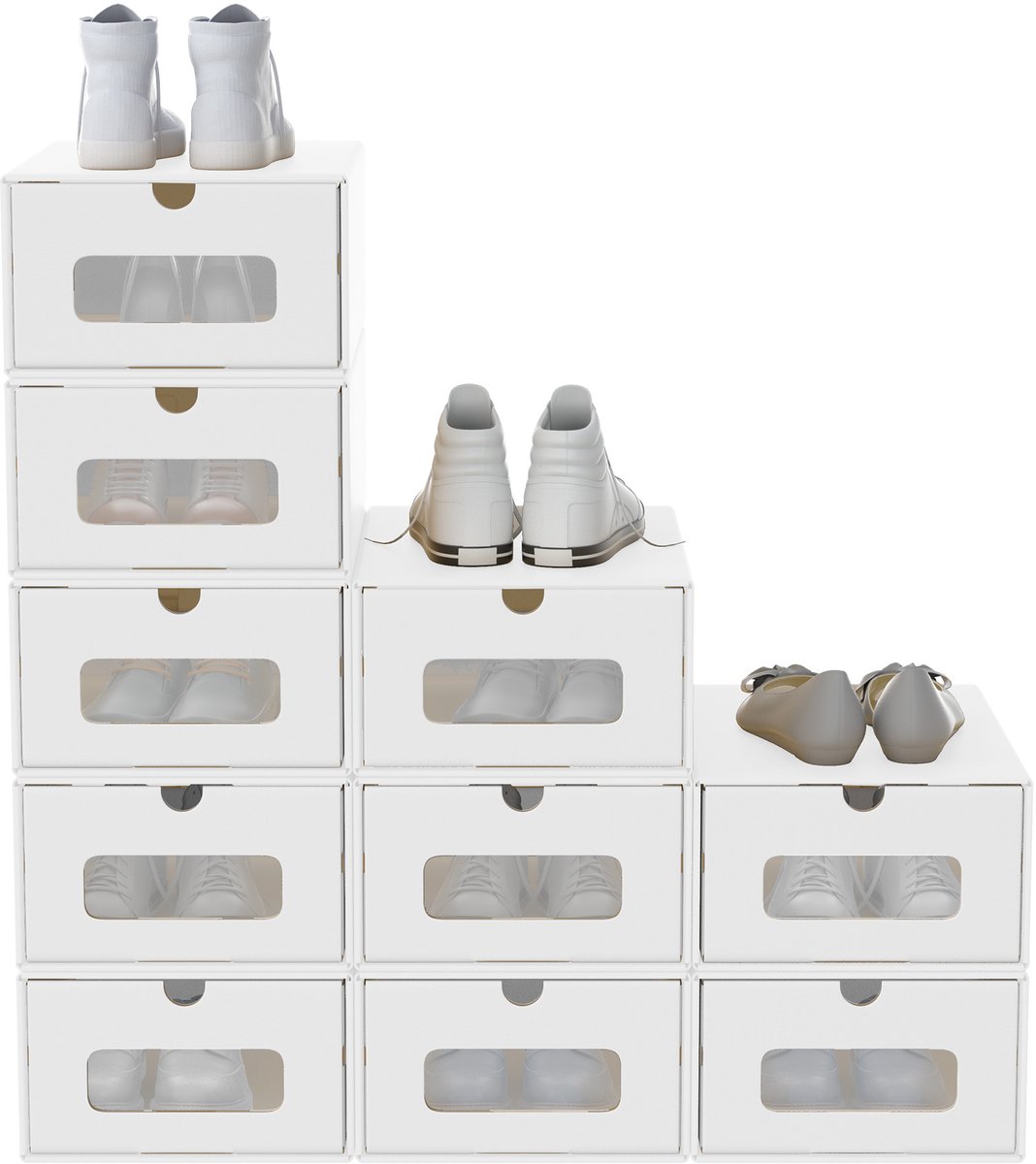 NAIZY 10x Schoenendozen Stapelbare Kraftpapieren schoenenopbergdoos met deksel en transparant venster schoenendoos schoenenorganizer 34,5 x 23,5 x 13,5 cm, wit