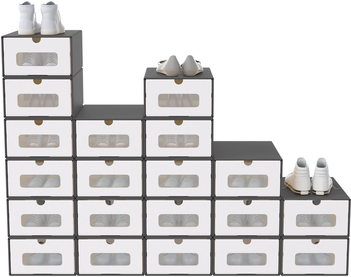 NAIZY 20x Schoenendozen Stapelbare Kraftpapieren schoenenopbergdoos met deksel en transparant venster schoenendoos schoenenorganizer 34,5 x 23,5 x 13,5 cm, Dunkelgrau