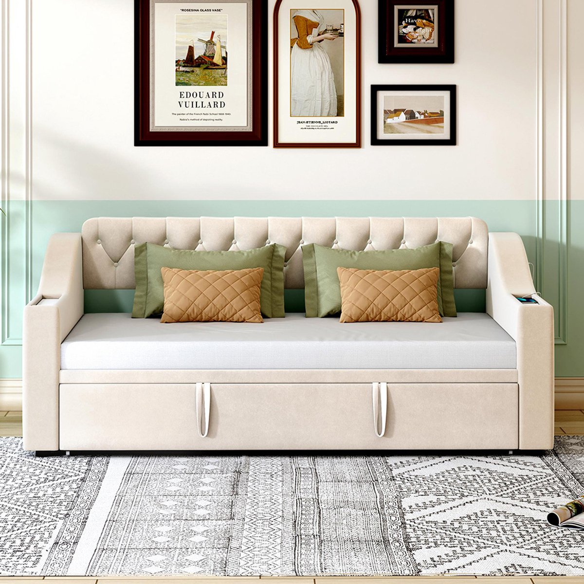 BLACKCOLORS Gestoffeerd bed Slaapbank 90/180x190 cm Bredere en dikkere armleuningen met USB-poort Opbergruimte geïntegreerd in de armleuningen Met opbergvakken Met lattenbodem Beige fluweel