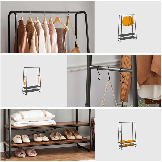 Zwart kledingrek met 2 houten planken, kledinghangers, schoenen, tas, doos en kussens.