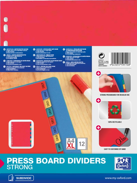 XL A4 scheidingsbladen van sterk karton in rood, blauw, groen, geel en oranje. Met genummerde tabbladen 2019-2025. 12-delig.