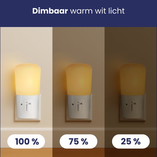 Dimbaar warm wit licht: 100%, 75% en 25%. Wit nachtlampje