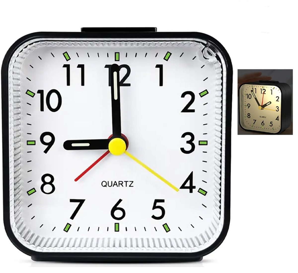 Stille Analoge Wekker – Zonder Tikkend Geluid – Snooze & Nachtlicht – Compacte Reisklok – Glow-in-the-Dark Cijfers