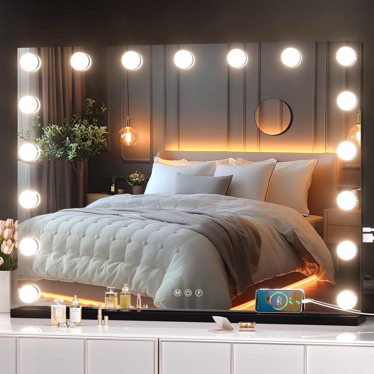 Puluomis Hollywood Spiegel 80x60CM - Spiegel met verlichting - 18x LED Lampen - USB Oplaadpoort - 10x Vergroting - 3 lichtstanden - Dimbaar - Zwart frame