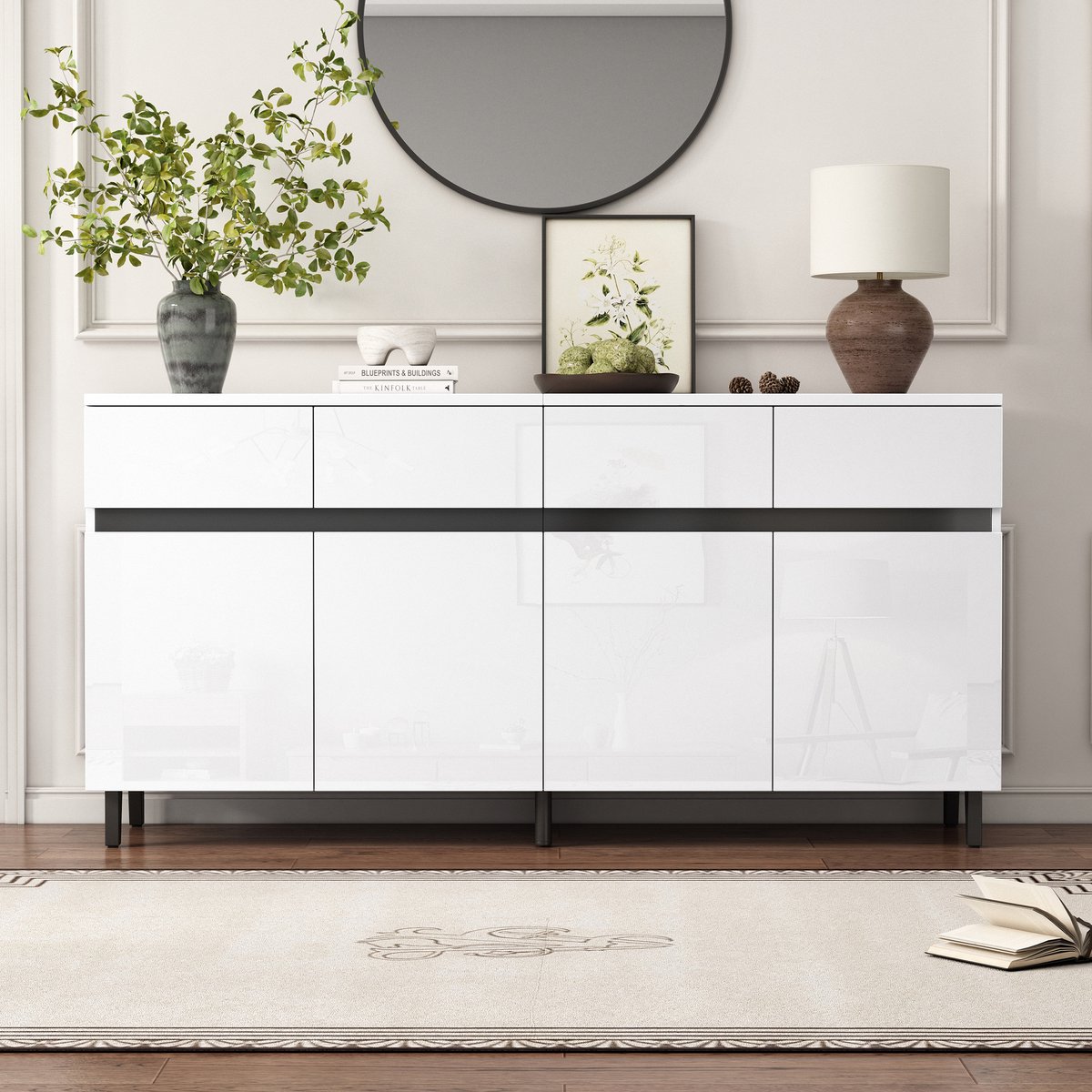 Pugsdrly 160*40*68 cm hoogglans dressoir, commodes, highboard, ladekasten met 4 lades, 2 deuren en in hoogte verstelbare planken, hoogglans dressoir, hoogglans onderkasten, hoekkasten, kasten, wit