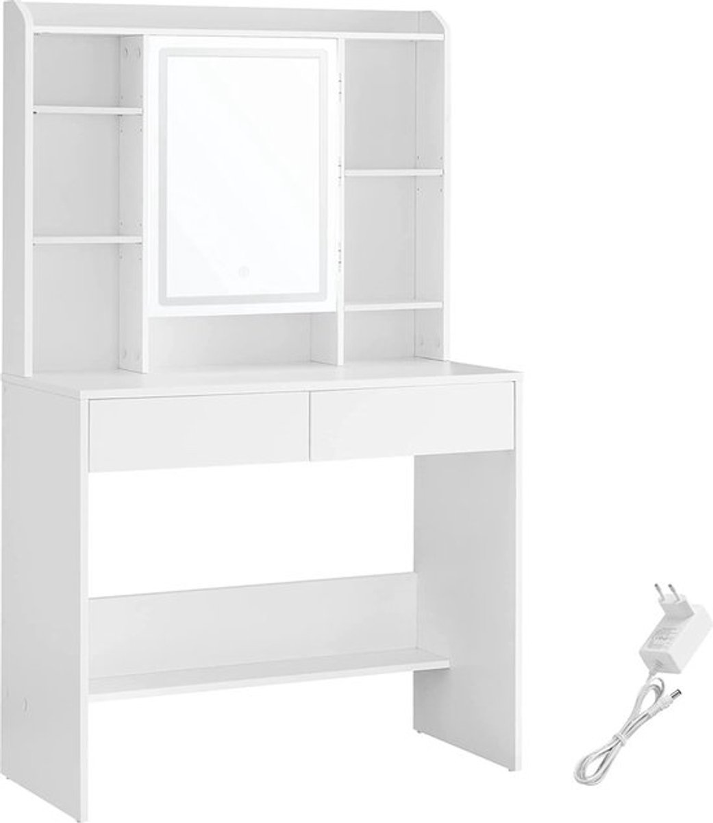 Moderne Witte Make-up tafel met Instelbare LED Verlichting - Kaptafel met Spiegel, 2 Laden en Aanpasbare Planken - Stijlvolle Opslag voor Make-up