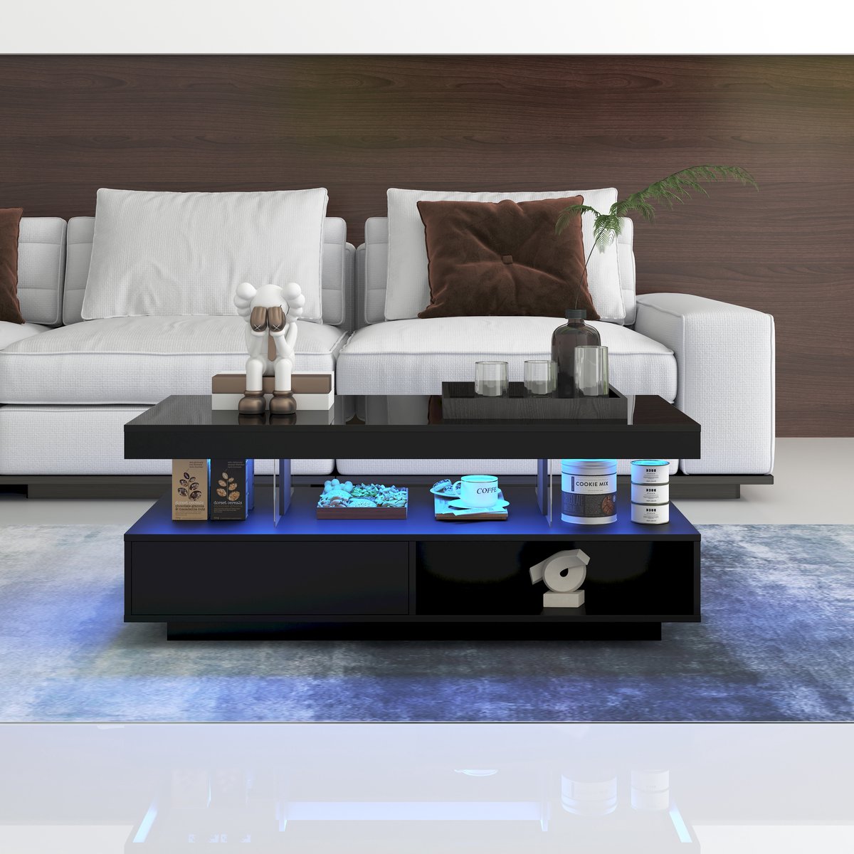Pugsdrly Zwarte hoogglans salontafel 95x50x42,5 cm - met 4 glazen platen, 2 lades en 2 open vakken, onderkast voor woonkamer, salontafel