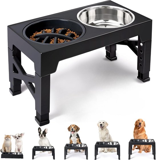 BOTC Voerbak Hond met Standaard - Voerbak Kat - Anti Schrokbak Hond - Verhoogde Voerbak - 4 Hoogtes - Slow Feeder - Zwart