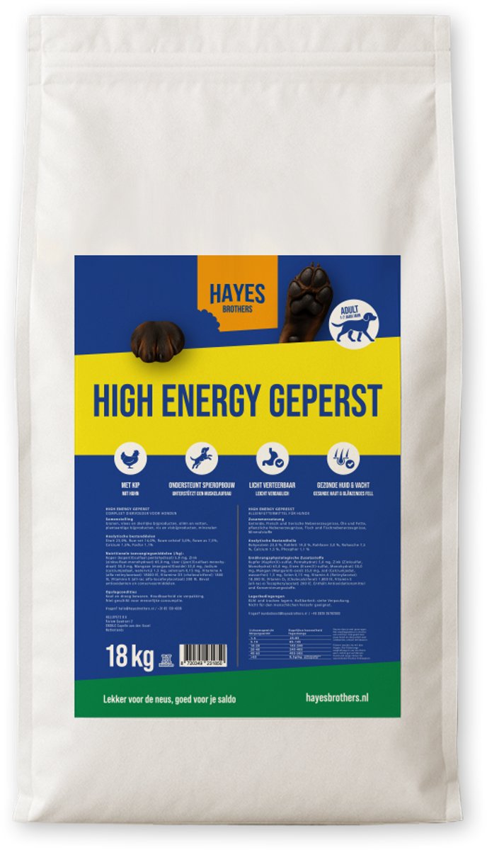 Hayes Brothers Adult High-Energy Geperst Hondenvoer 18 kg - Hoog Eiwitgehalte en Energie - Geperste hondenbrokken - 18kg