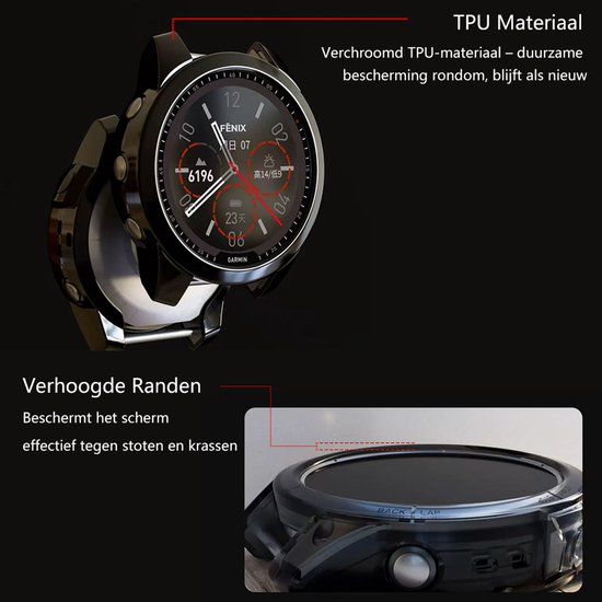 Zwarte smartwatch Garmin Fenix met transparante TPU-hoes, verhoogde randen voor schermbescherming.