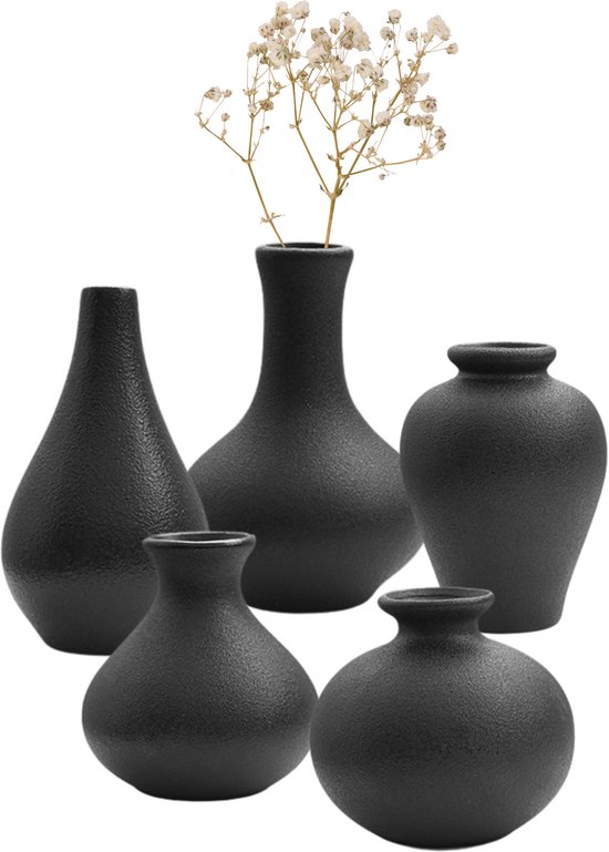 House of Husk Keramieke Vazen Set Klein - 5 Stuks - Bloemenvaas - Mini Bolvaasjes - Decoratieve Woonaccessoires - Zwart