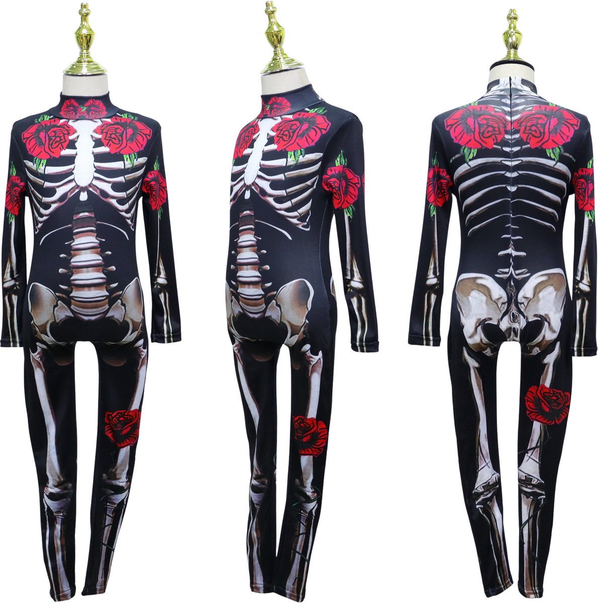 Joya Kids® Skelet Verkleedpak Rozenprint Kinderen | Jumpsuit Halloween Kostuum | Día de los Muertos Verkleed Kostuum Meisje | Stretch Carnaval Outfit | — afbeelding 2
