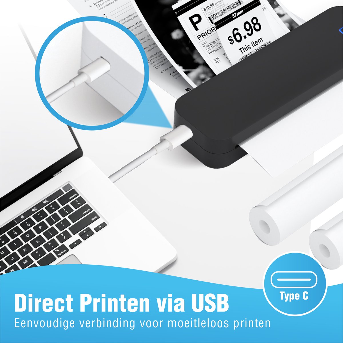 Impressora Térmica® - Thermische A4 printer - Mini Printer voor Mobiel/Tablet/Laptop - 304 DPI - Pocket Printer - Tattoo printer - Inclusief twee rollen thermisch papier - Zwart — afbeelding 6