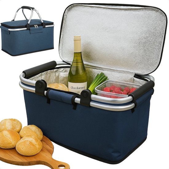 Panier de pique-nique Cheqo® Blauw - Panier isotherme pliable - Cadre en aluminium - Tissu Oxford - Avec fermeture éclair - Panier isotherme léger - 40 x 23 x 20 cm - Accessoire de pique-nique - Panier isotherme portable