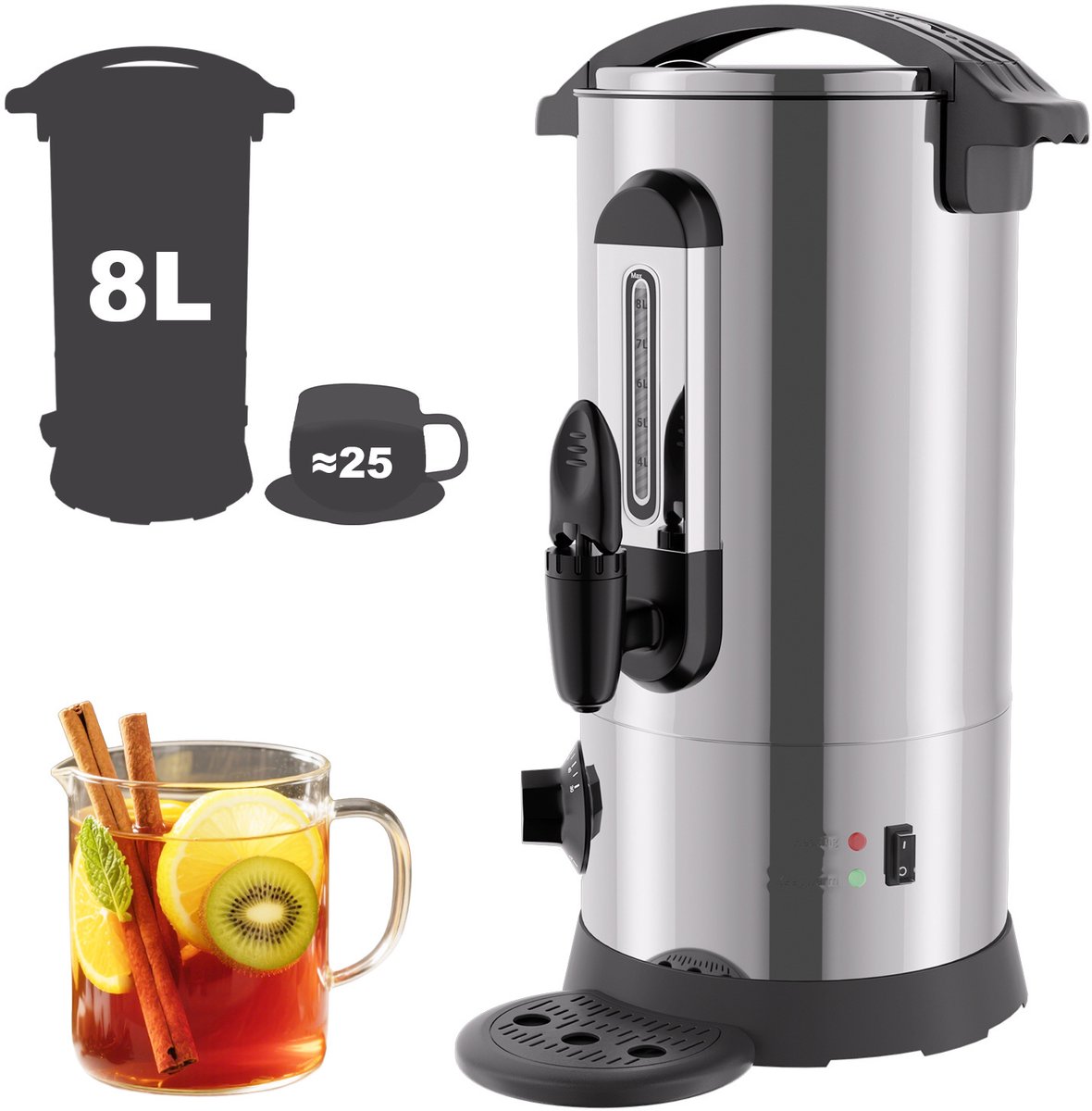 8 L Glühweinketel | roestvrij Staal Warmwaterdispenser 1500W | Heetwaterkoker | Theekoker met traploze temperatuurregelaar 30-110 °C |Thee Koffie Glühwein Ketel | Waterkoker | Glühweinfornuis - zilver