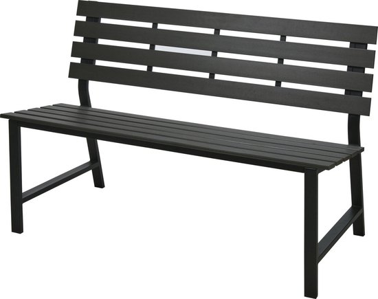 Donkergrijze tuinbank met een rugleuning van horizontale latten en een zitting van horizontale latten.