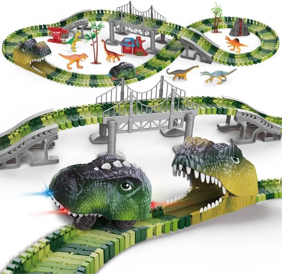 XL Dinosaurus Racebaan met auto - 182-Delig, Elektrische Dino Karts auto met LED, Uitbreidbaar & Flexibel Ontwerp met accesoires / bouwset 3 jaar 4 jaar dinosaurus speelgoed cadeau