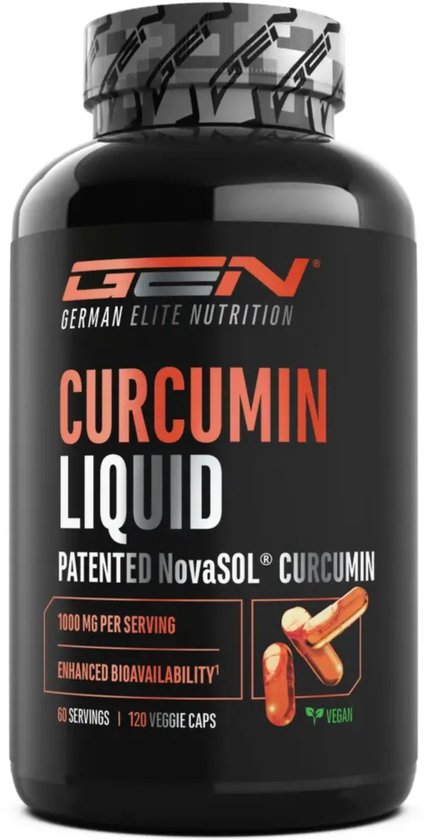 Zwarte pot GEN Curcumine Liquid, met oranje en witte letters. Bevat 1000 mg per serving.