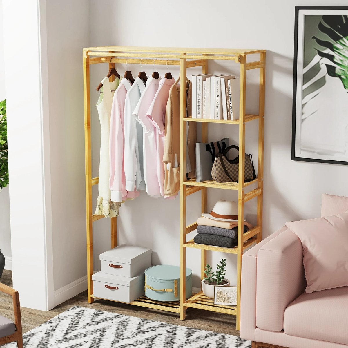 6-Laags Bamboe Kledingrek – Open Kast met Planken – Kleding Organizer Staand Garderoberek – 90x30x146,6 cm