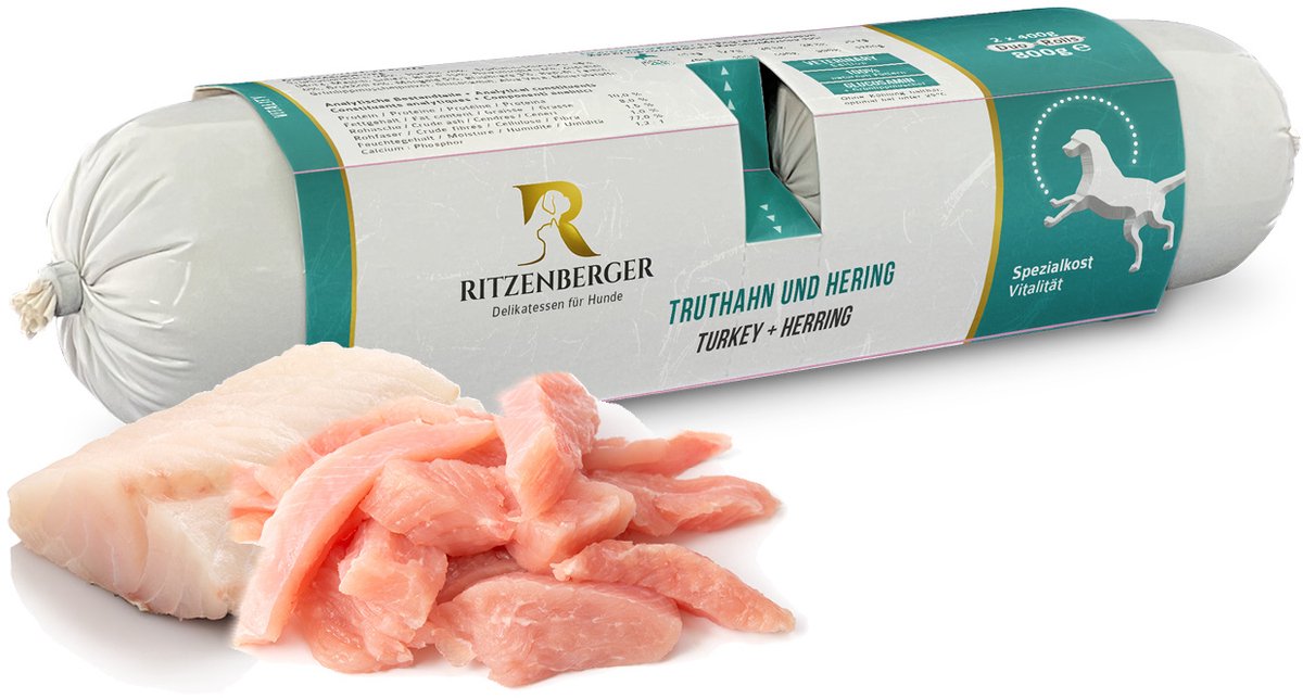 Ritzenberger Kalkoen en Haring gestoomde worst. Doos 24 x 400. Totaal 9.6 kilo