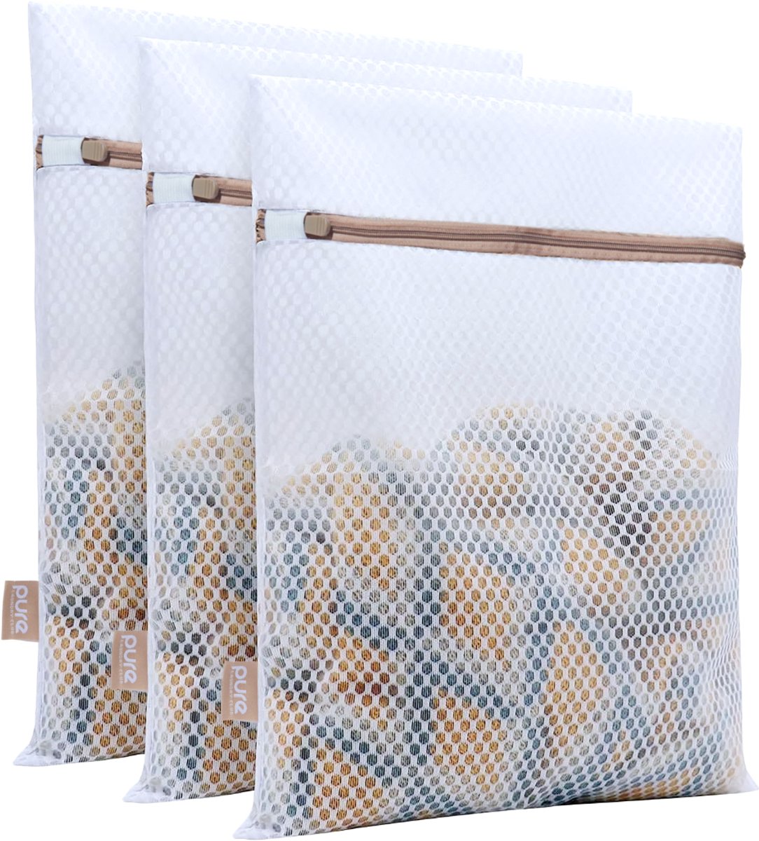Pure Laundry Club Waszakken - Set van 3 Stuks – Medium (30x40 cm) - Waszakjes met Auto-Lock Rits & Beschermflap - Supersterk Anti-Scheur Mesh Wasnet - Waszakken voor Wasgoed (Sokken, Lingerie & T-Shirts)