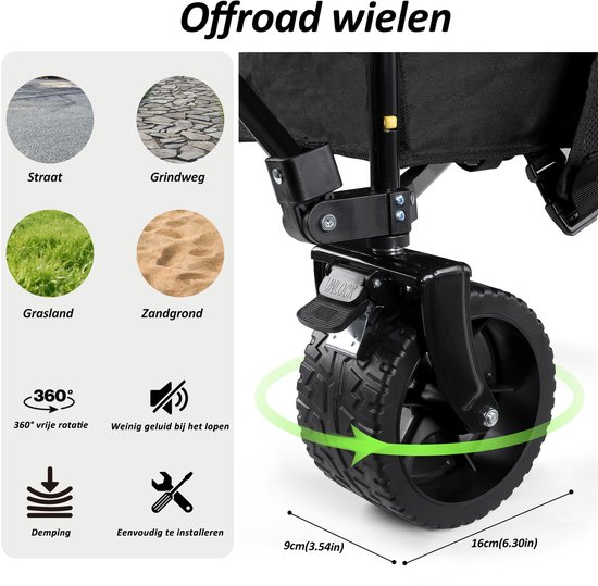 CALIYO Bolderkar Opvouwbaar - 250 Liter - 150 KG Draagkracht - Draaibare wielen mét rem - Verstelbare hendel - Inklapbare Bolderwagen - Compact - Zwart van CALIYO — afbeelding 2