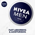 Nivea Men crème potje met deksel, met "Fast Absorbing & Moisturising" tekst.