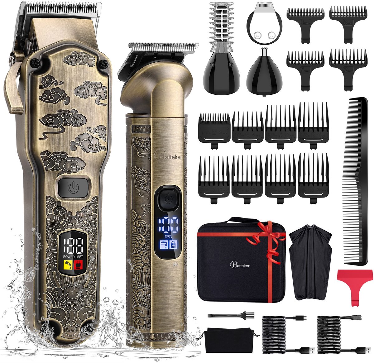Hatteker Professionele Tondeuse en 4-in-1 Trimmer Set voor Heren – Haartrimmer, Baardtrimmer, Precisie Trimmer & Neustrimmer – Inclusief Kapperscape – IPX7 Waterdicht – USB Oplaadbaar – Draadloos T-Blade – Bronskleurig