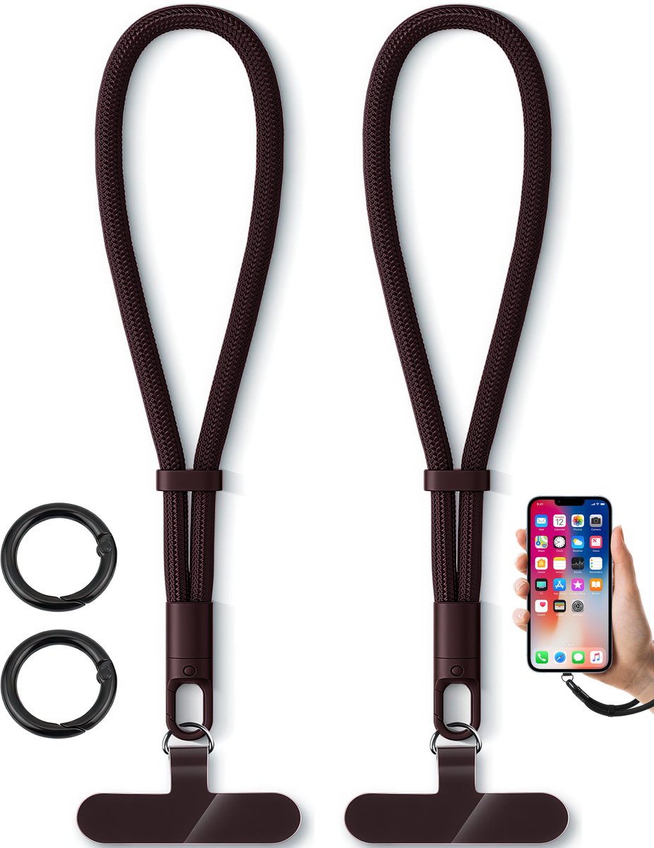 2x Luxe Polsband Telefoonkoord met 2 Ringen & Bevestigingsplaatjes, - Kort Universeel GSM Lanyard Keycord Strap - Polsbandje Sleutelkoord Telefoonketting - Musketonhaak Telefoon Koord Sleutelhanger - Keykoord Pashouder - Phone Ketting Cord - Zwart