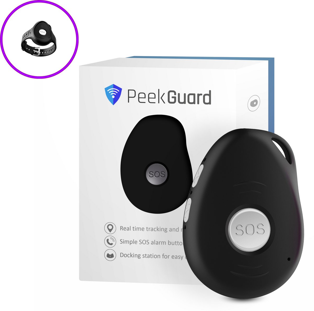 PEEKGUARD© - EVO 7S 4G Zwart - SOS Noodknop - Alarmknop voor Personen & Ouderen - GPS Tracker Senioren - SOS knop - Valdetectie - Waterdicht - Incl. Simkaart - Incl. Horlogeband - Geen Abonnement