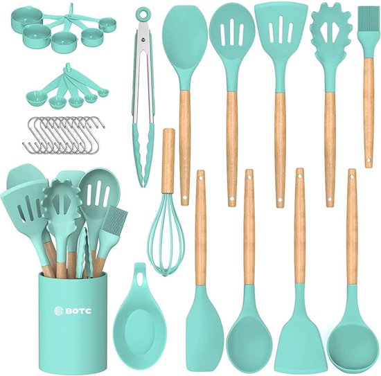 BOTC Keukengerei set 33 Delig - Keukengerei Houder - Hout handvatten - Silicone kop - Kookgerei met lepel houder - keukenaccessoires - Groen