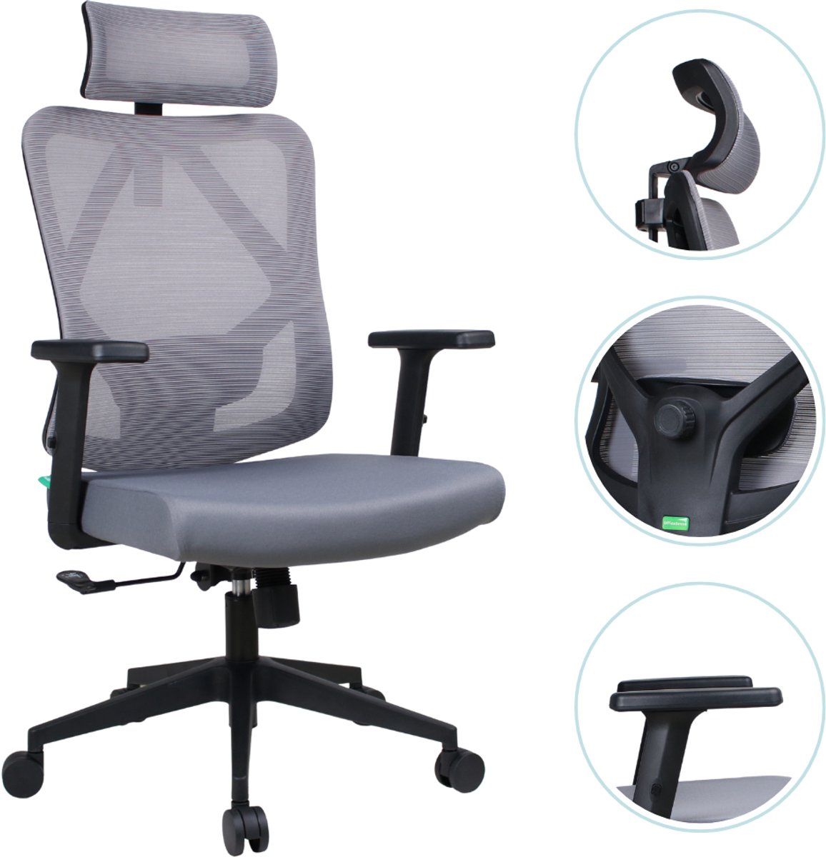 OfficeSense OS40 Ergonomische Bureaustoel - 2D Hoofdsteun - Bureaustoelen voor Volwassenen – Grijs