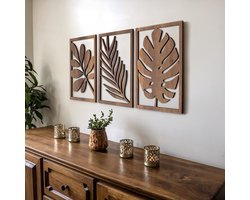 Moderne houten wandsculpturen - Set van 3 - Woondecoratie Accent - Grote wandkunst voor woonkamer, slaapkamer, kantoor - Eenvoudige installatie (Boombladeren, zonder lijst)