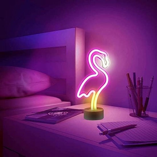 LED Neon Flamingo Tafellamp - Op Batterijen, Sfeerverlichting voor Slaapkamer van Merkloos — afbeelding 4