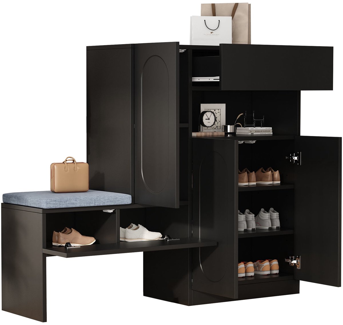 Merax 2-in-1 Schoenenkast met Zitting – Schoenenbank met 4 Deuren - Soft-Close - Verstelbare Planken en Gewatteerd Kussen – Zwart 130×35×110 cm