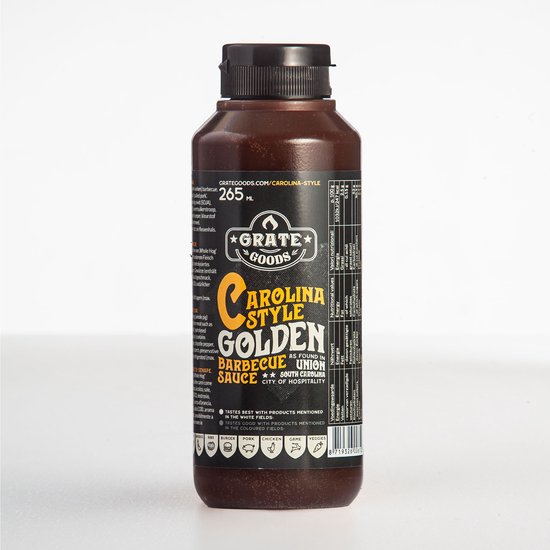 Bruine Carolina Style Golden Barbecue Saus met geel en wit etiket.