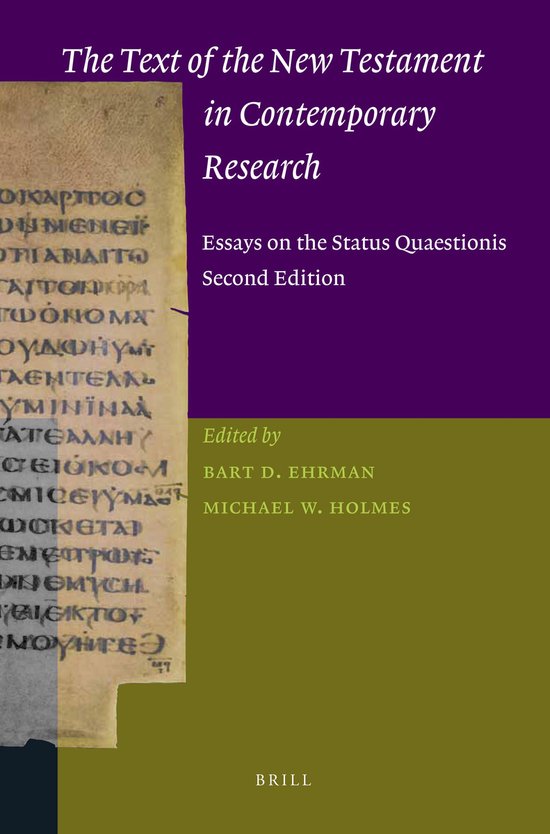 Boekomslag met de titel "The Text of the New Testament in Contemporary Research", bewerkt door Bart D. Ehrman en Michael W. Holmes. Links een deel van een oude tekst.