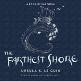 Illustratie van een schip op zee met een golf, tekst 'A BOOK OF EARTHSEA THE FARTHEST SHORE URSULA K. LE GUIN READ BY KOBNA HOLDBROOK-SMITH'.
