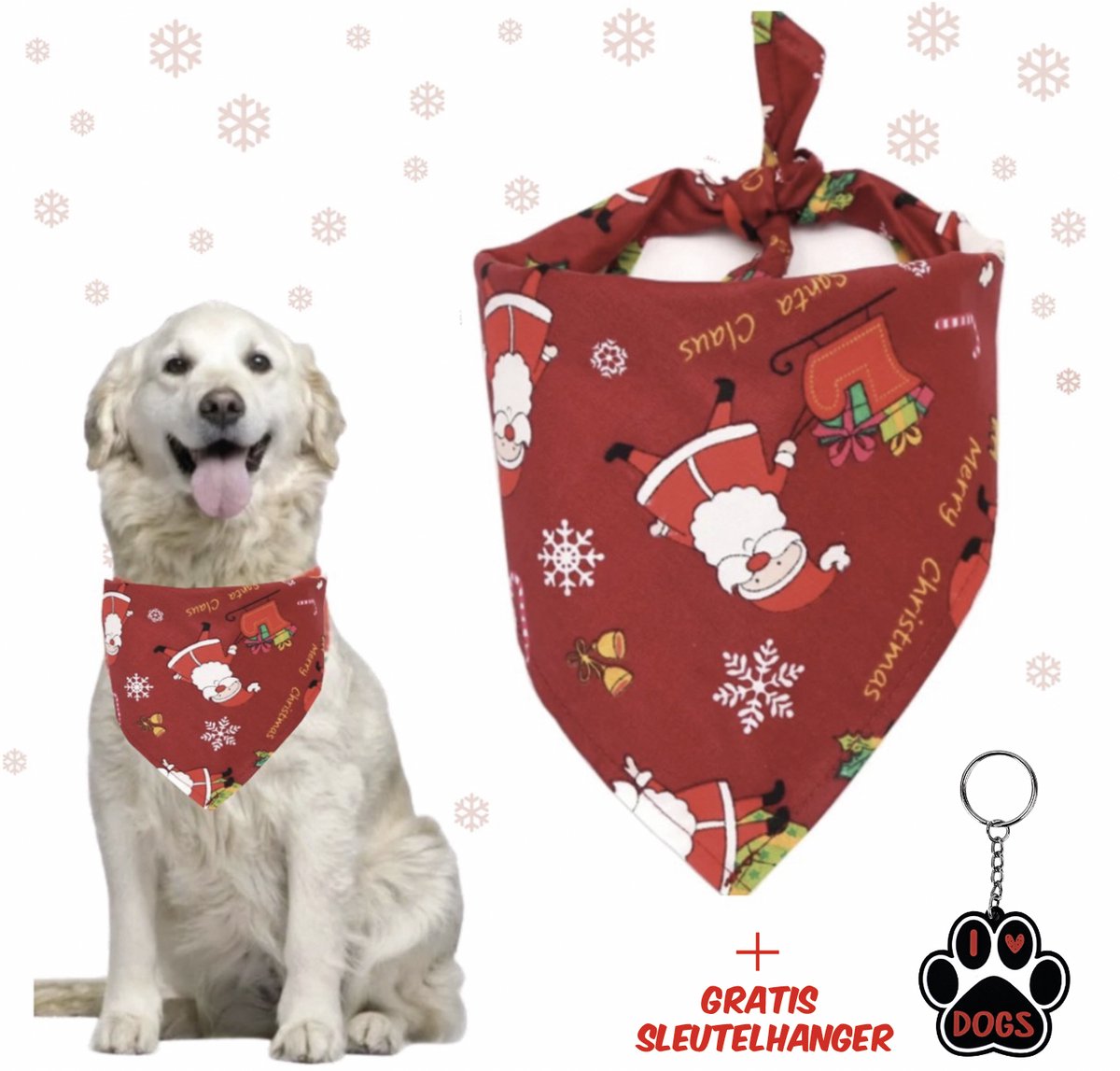 SilverAndCoco® - Kerst Sjaal Hond Kat met sleutelhanger Versiering Small | Kerstman Sjaaltje Hondje | Verjaardag Decoratie Pakket Bandana Honden Katten | Kerstman Feest Set Huisdier Cadeau Kerst Cadeautje | Gratis I Love Dogs - Klein